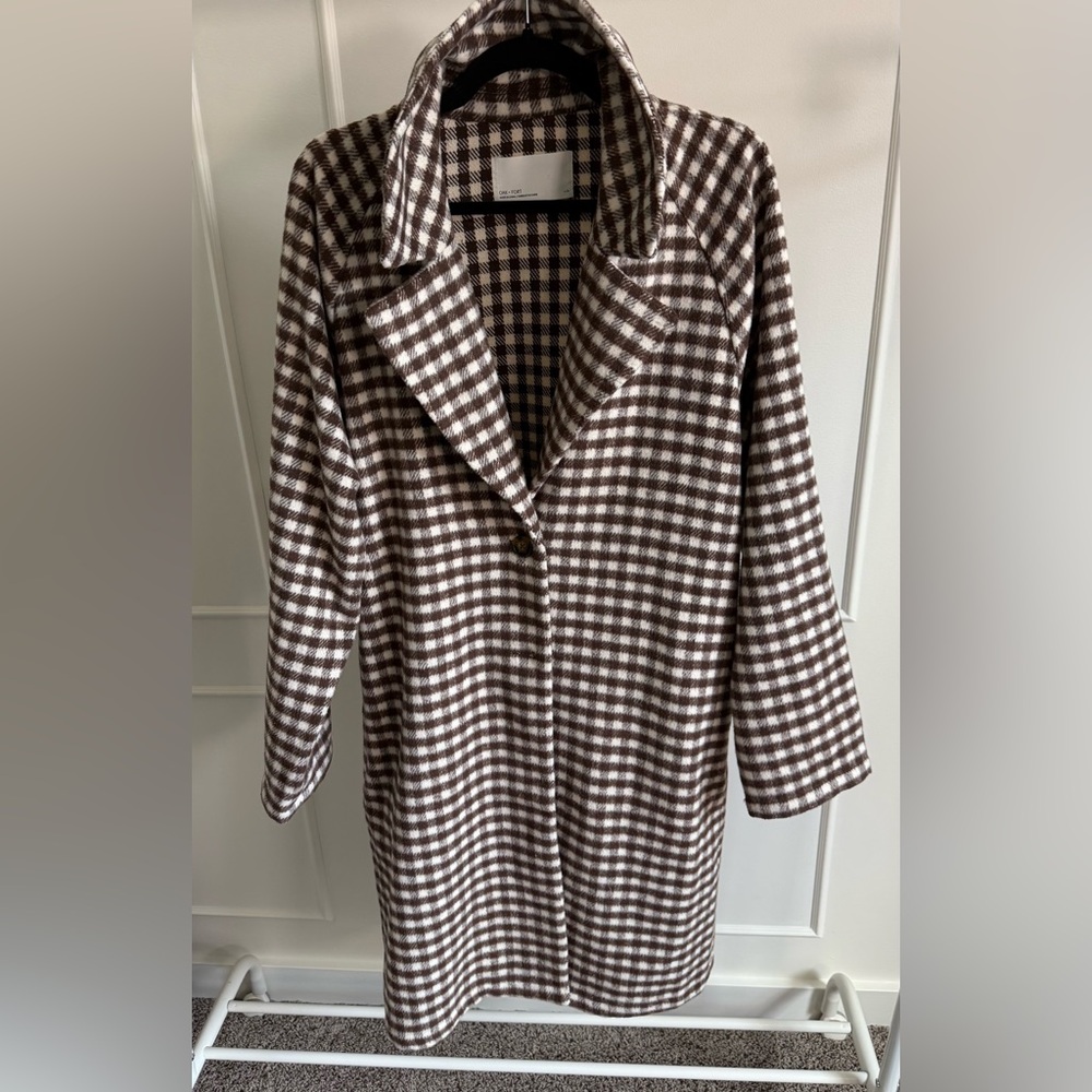 OAK + FORT Brown and Cream Plaid Coat